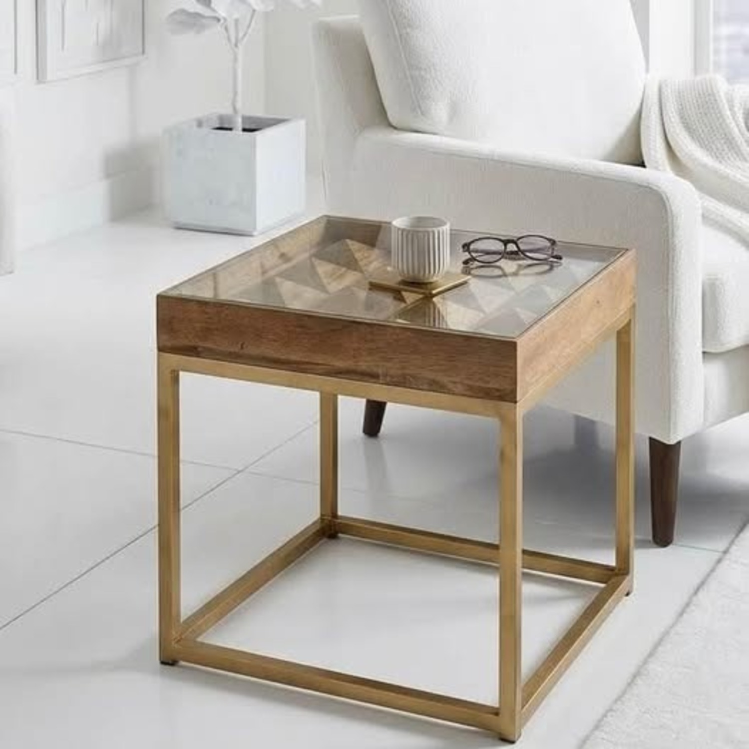 Andrew Martin Wood Glass Metal Side Table 22x22x22 - image-1