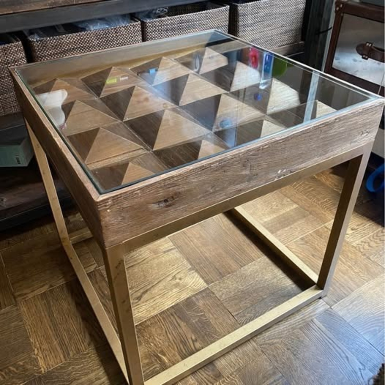 Andrew Martin Wood Glass Metal Side Table 22x22x22 - image-2