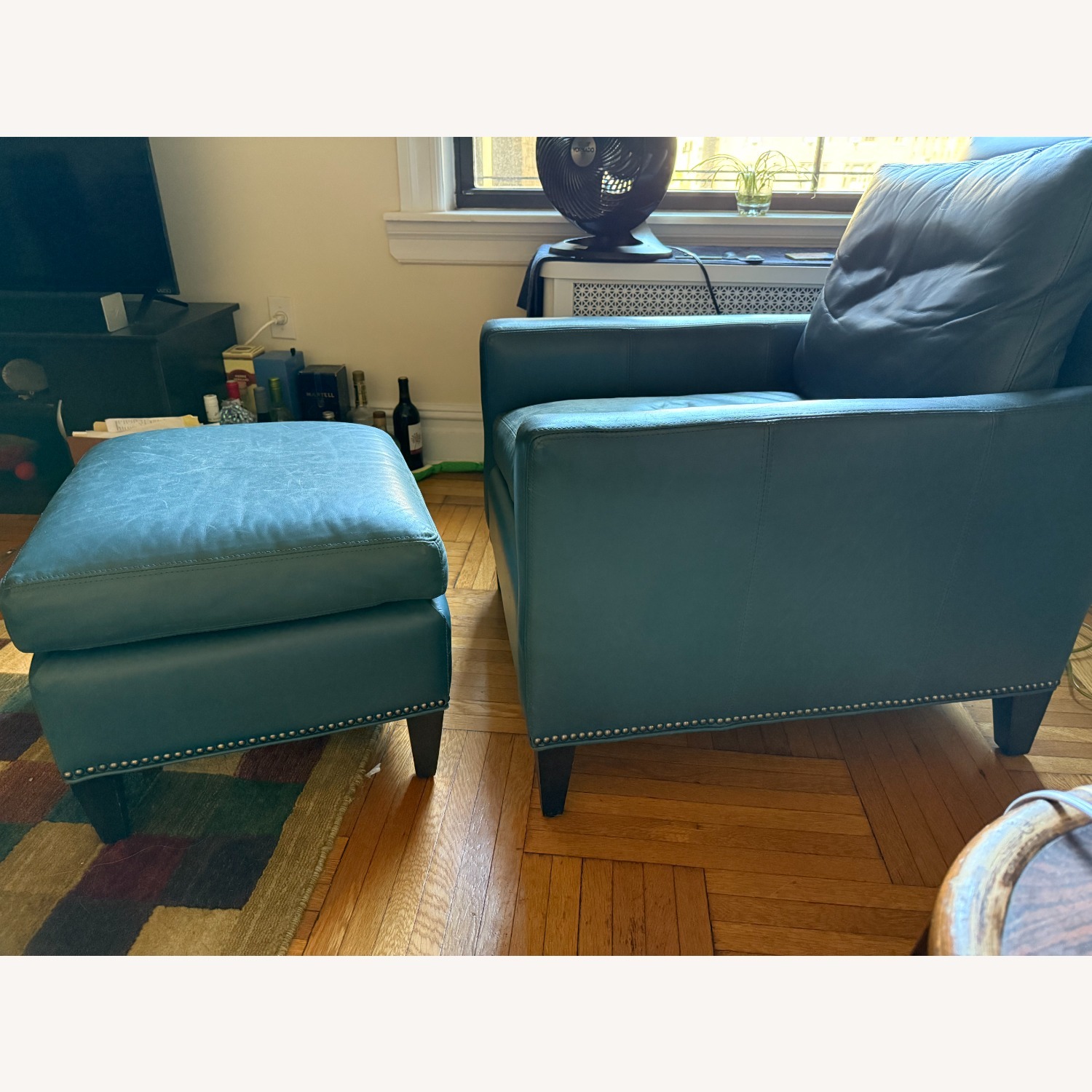 Bloomingdale's Blue Leather Armchair and Ottoman - image-2