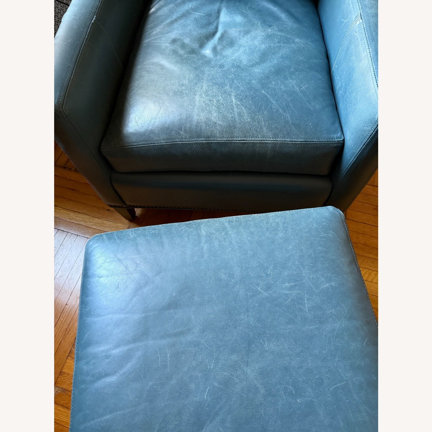 Bloomingdale's Blue Leather Armchair and Ottoman - image-3