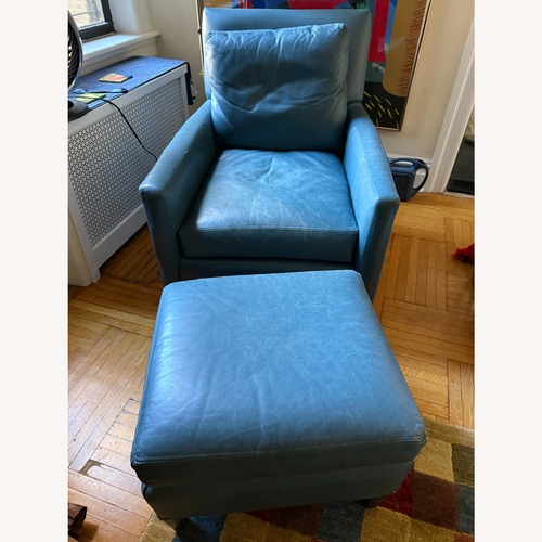 Used Bloomingdale's Blue Leather Armchair and Ottoman for sale on AptDeco