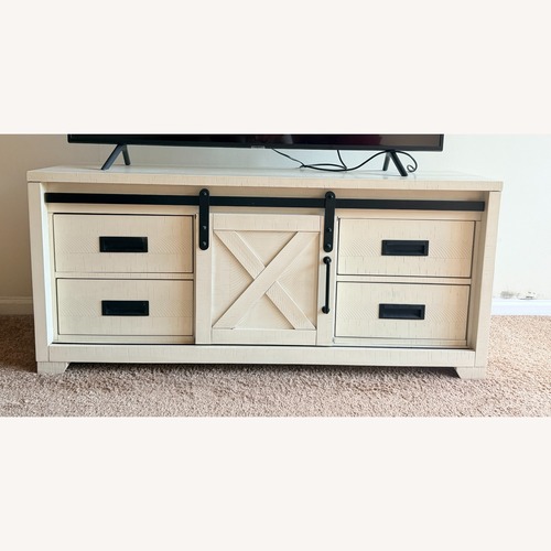 Used Montana 55" White Sliding Barn Door TV Stand / Console for sale on AptDeco