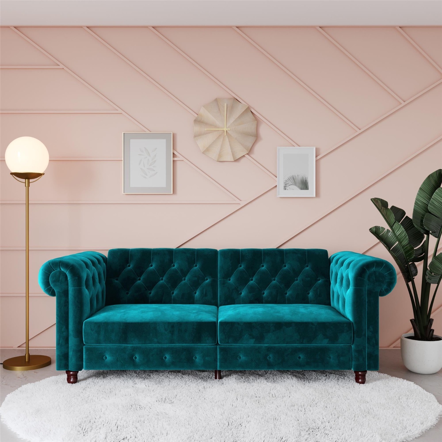 DHP Felix Chesterfield Sofa Futon, Green Velvet - image-1