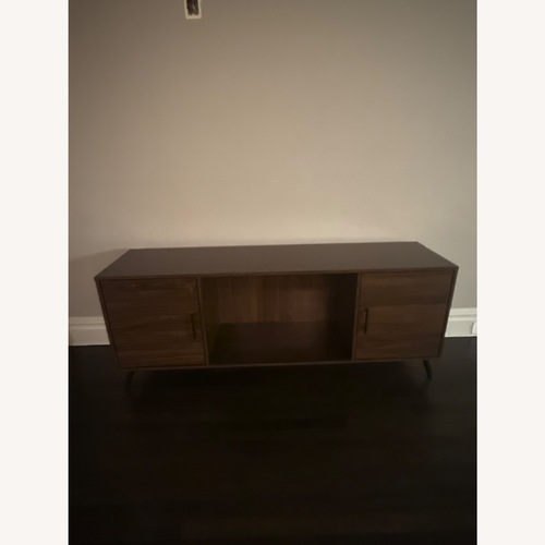Used Walker Edison Saxon Mid Century Modern Glass Shelf TV Stand for sale on AptDeco