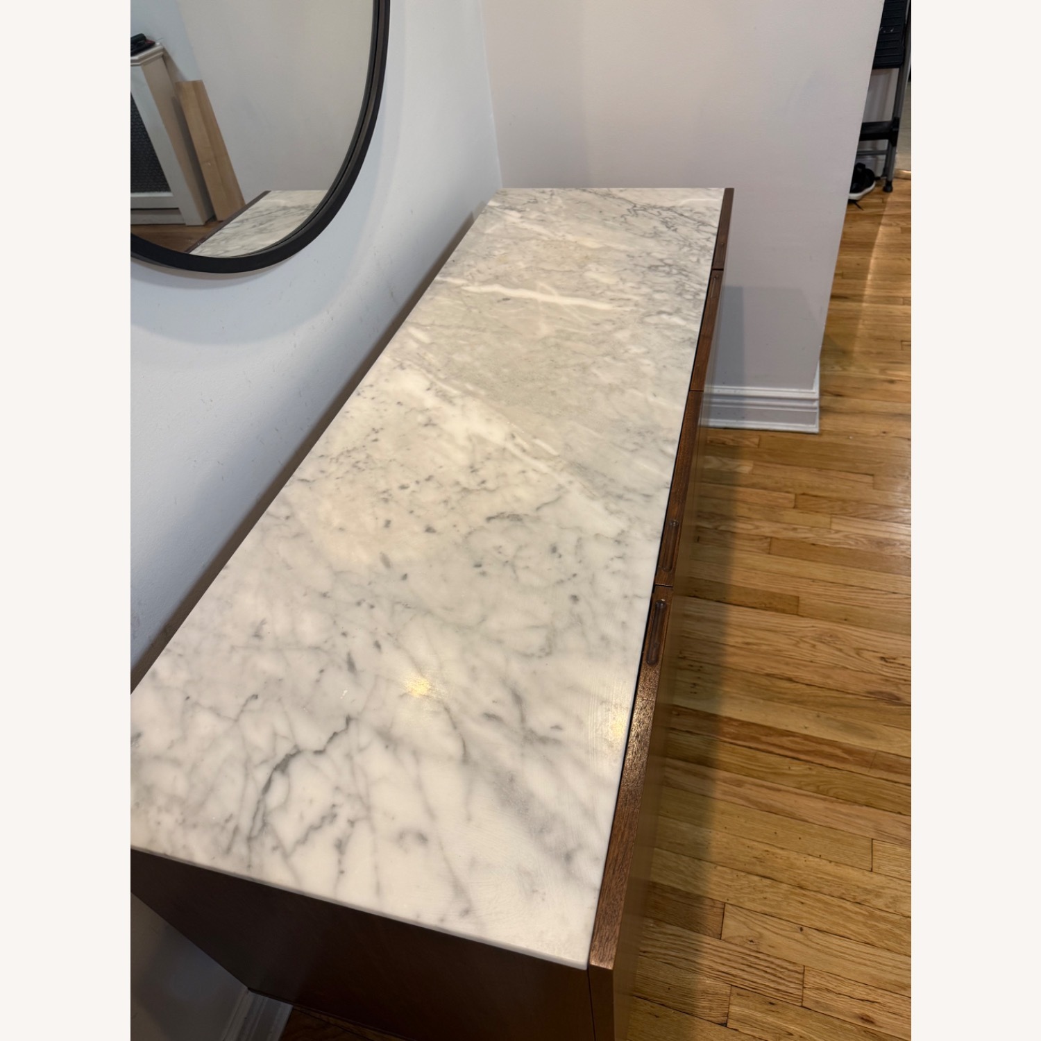 CB2 Suspend 57" Walnut Wood Media Console with White Marble Top - image-3