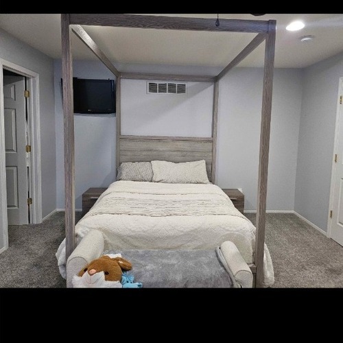 Used Light Gray Wood Queen Bed for sale on AptDeco