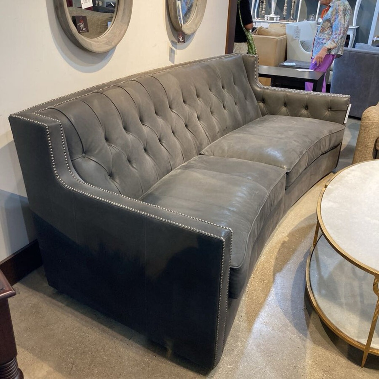 Bernhardt Curved Tufted Top Grain Leather Sofa - image-1