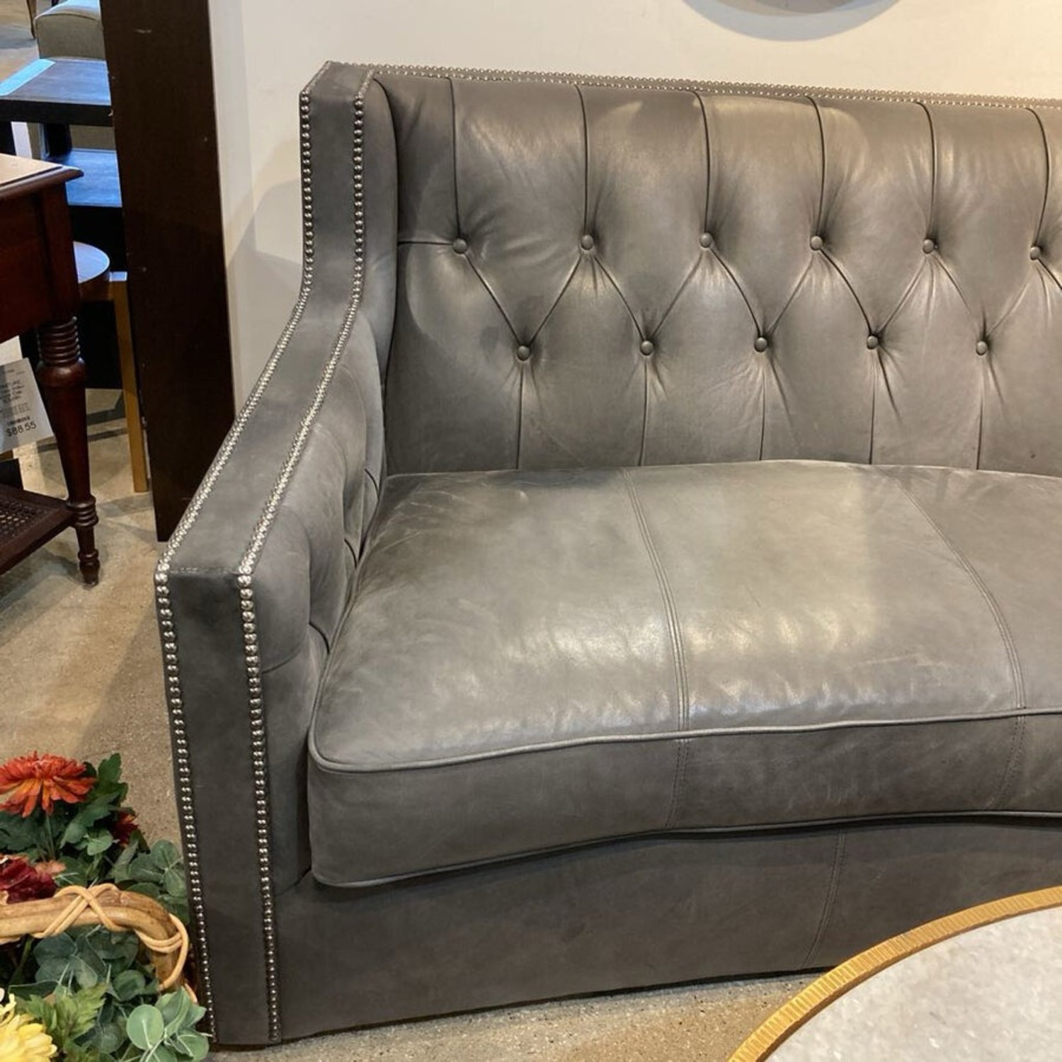 Bernhardt Curved Tufted Top Grain Leather Sofa - image-11