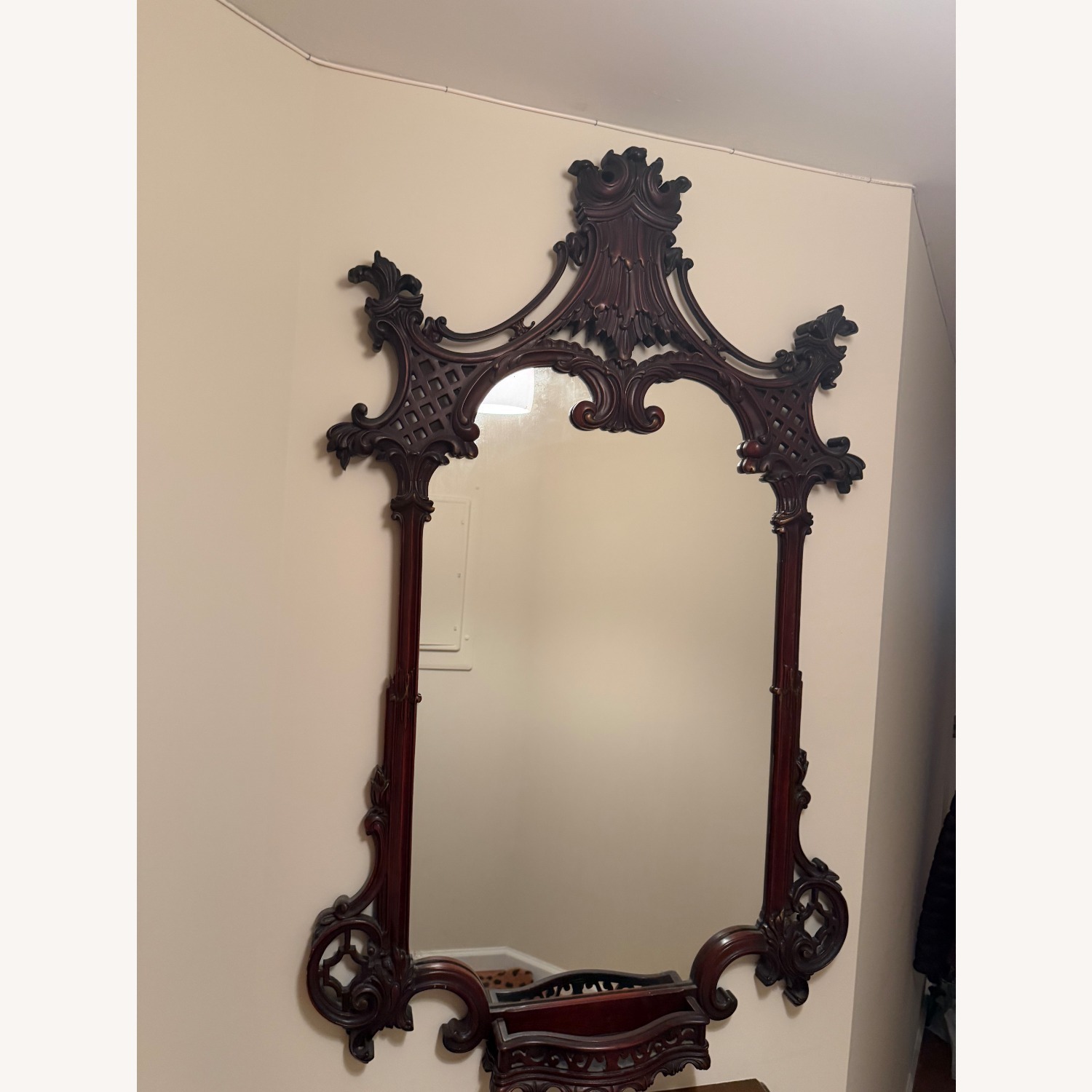 Solid Wood Antique Mirror W Floating Shelf - image-3