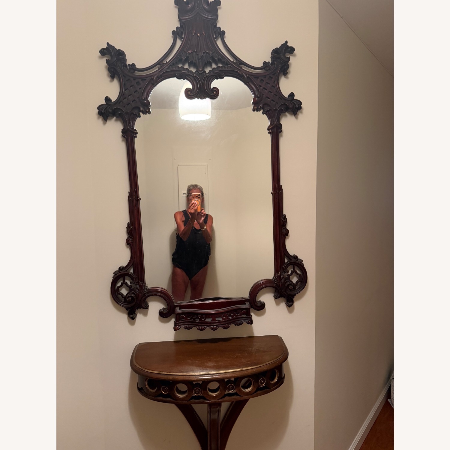 Solid Wood Antique Mirror W Floating Shelf - image-1
