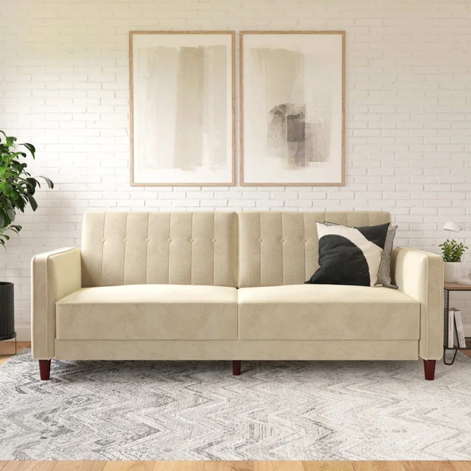 Mercury Row Perdue Cream Velvet Convertible Sleeper Sofa - image-6