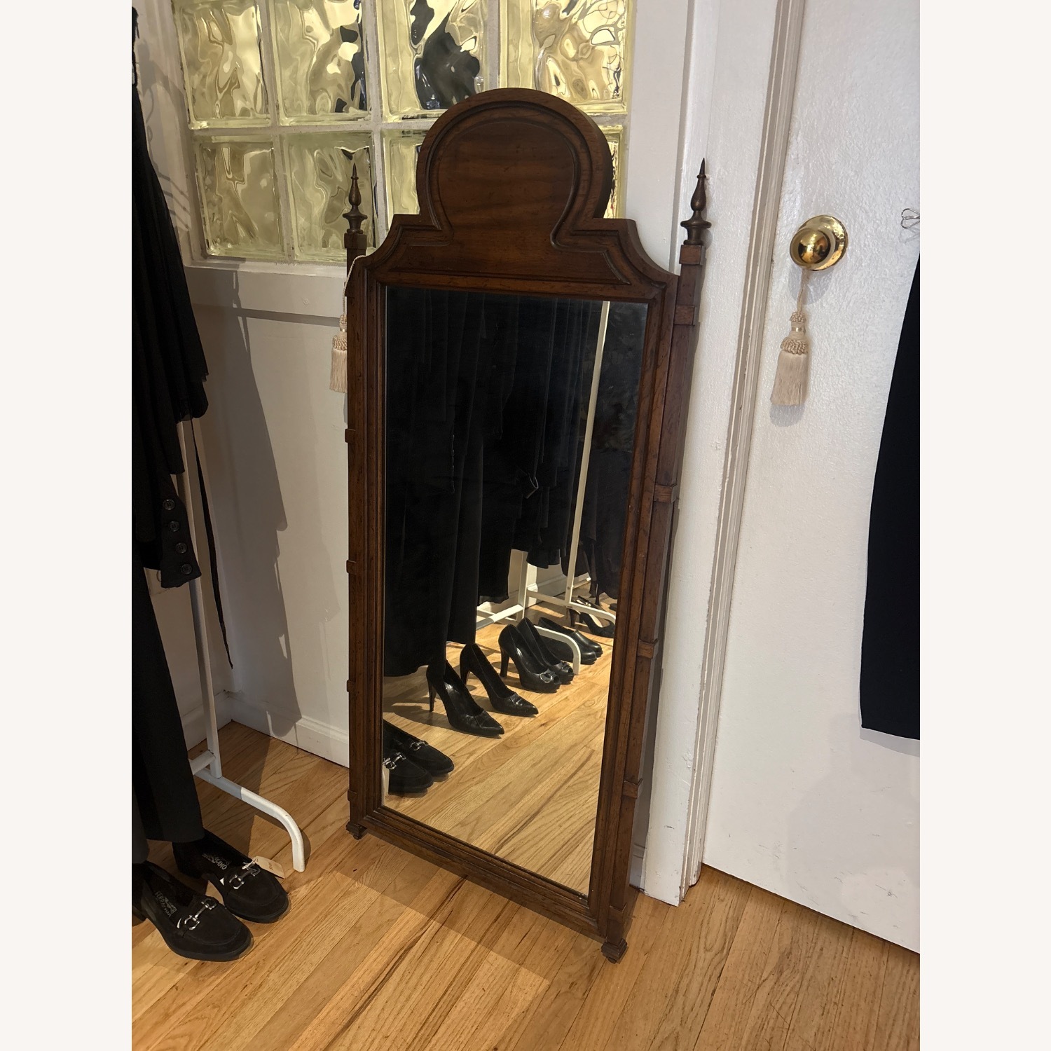 Antique Wood Framed Mirror W Brass Details - image-2