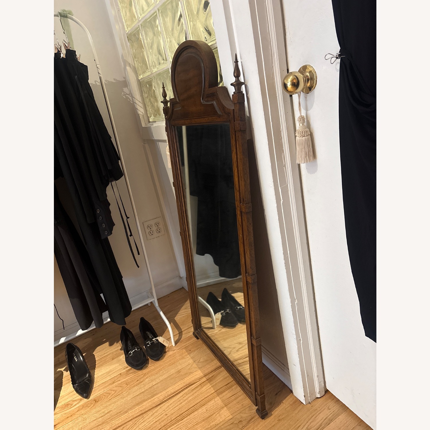 Antique Wood Framed Mirror W Brass Details - image-3