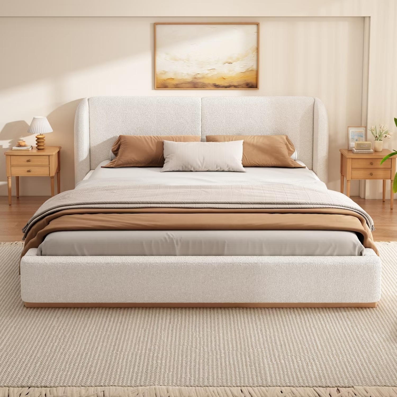 Vira Modern Rubberwood Boucle Upholstered Bed - image-5