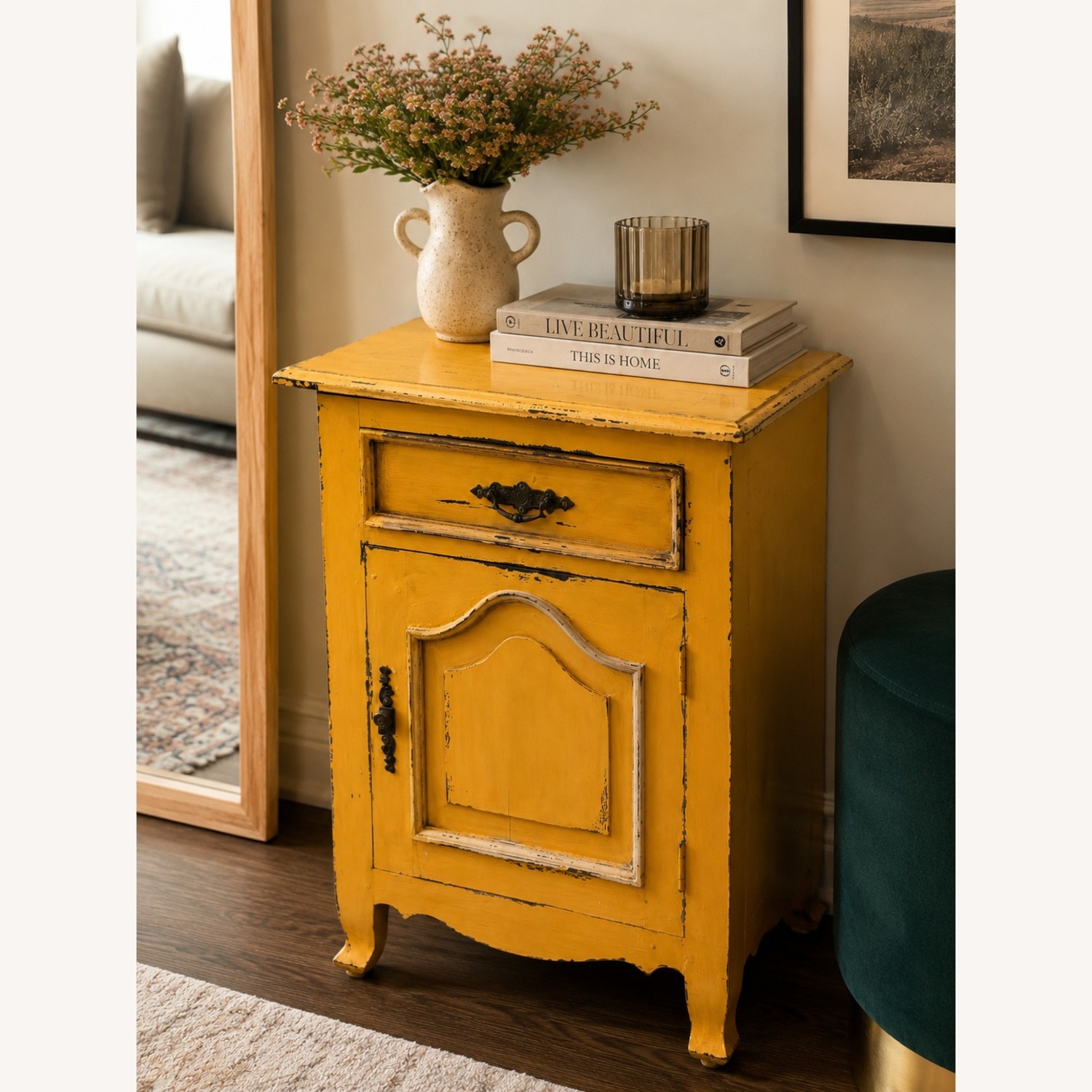 Vintage Distressed Mustard Yellow Side Table - image-3