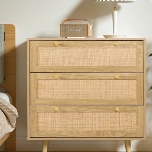 Used Wood Rattan 3 Drawer Dresser 31.5”W for sale on AptDeco