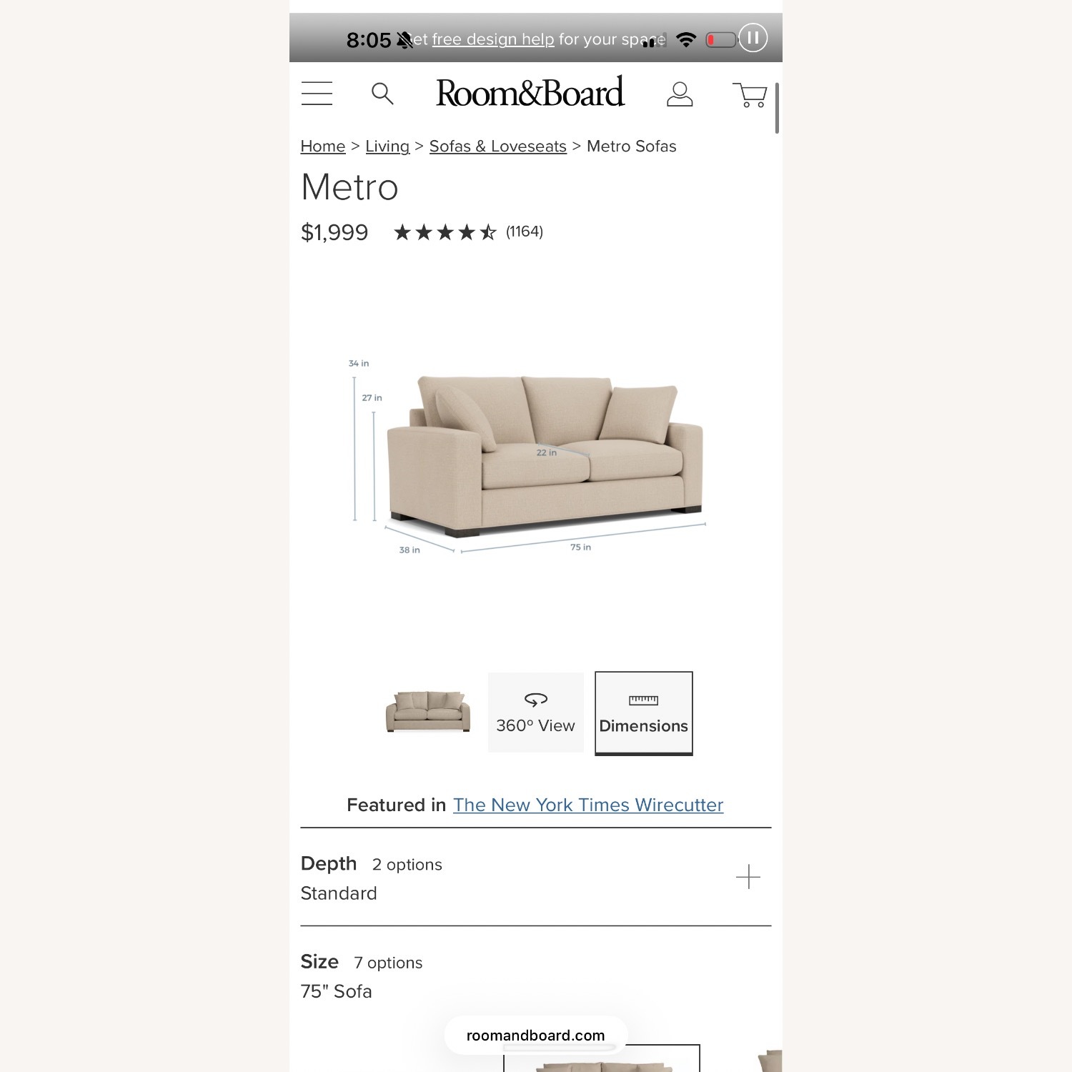 Room & Board 75" Metro Sofa in Oatmeal Chenille - image-3