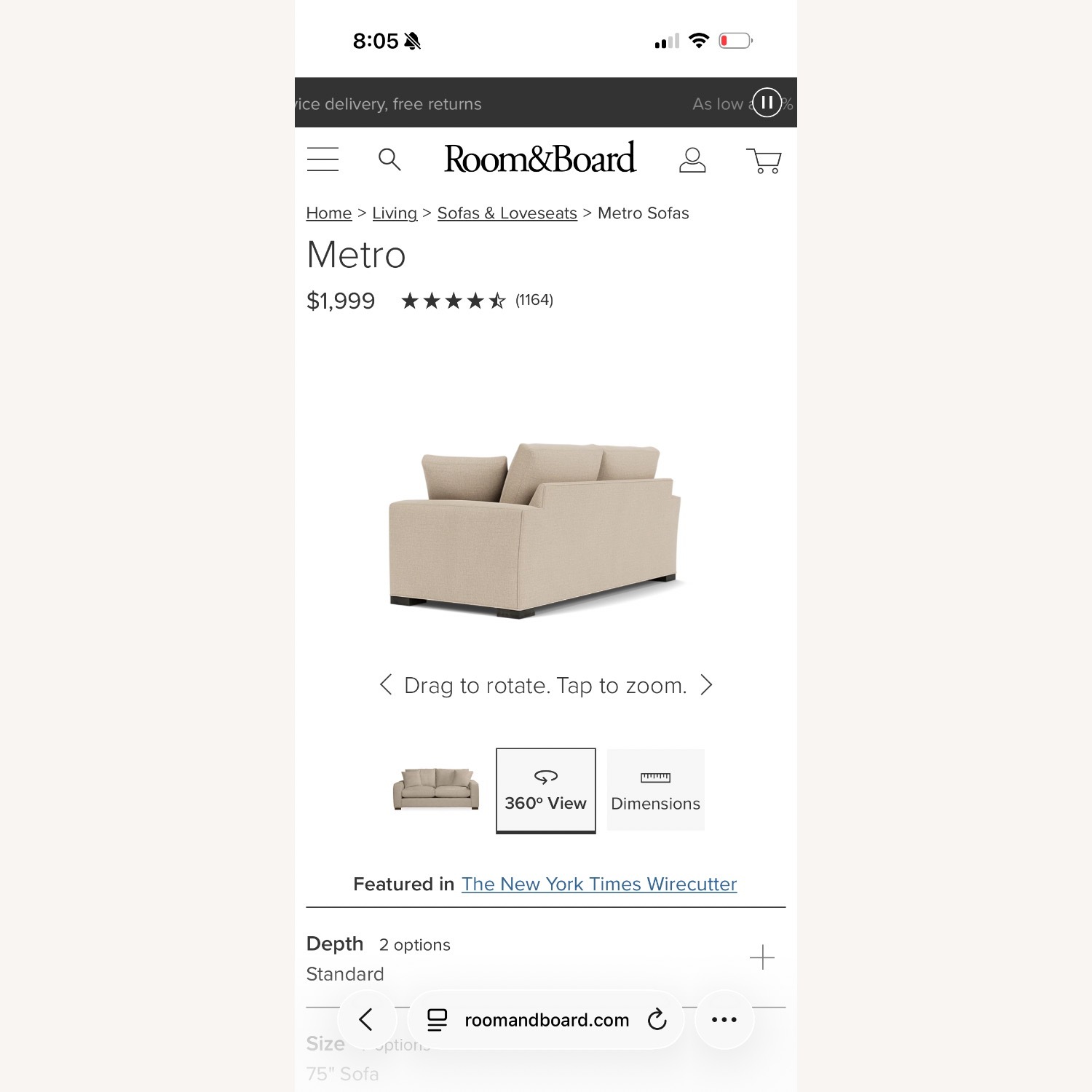 Room & Board 75" Metro Sofa in Oatmeal Chenille - image-2