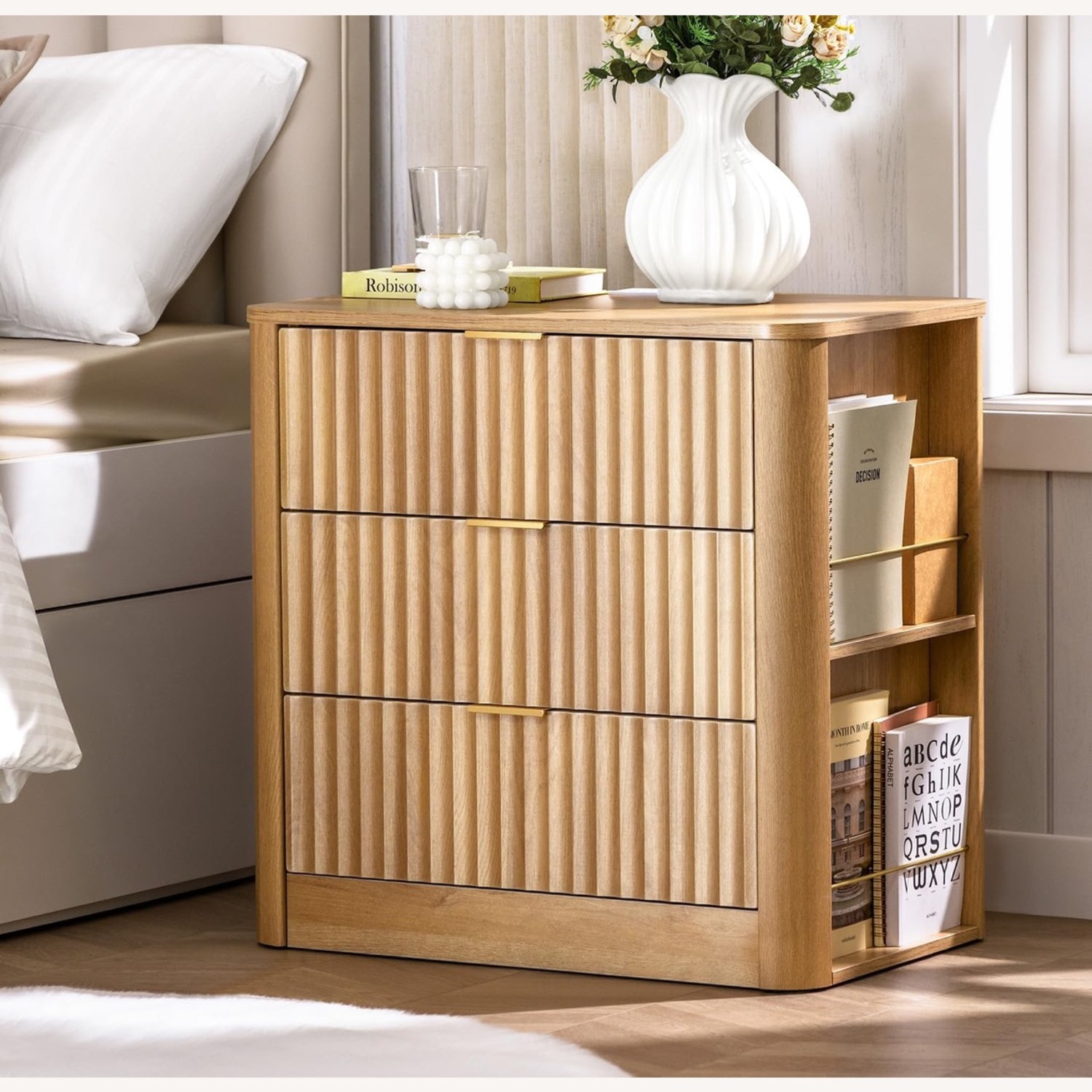 Modern Nightstand With 3 Drawers And Side Storage Shelves, Set of 2 - image-1