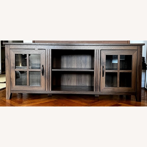 Used Farmhouse Dark Walnut Wood and Glass TV Stand for sale on AptDeco