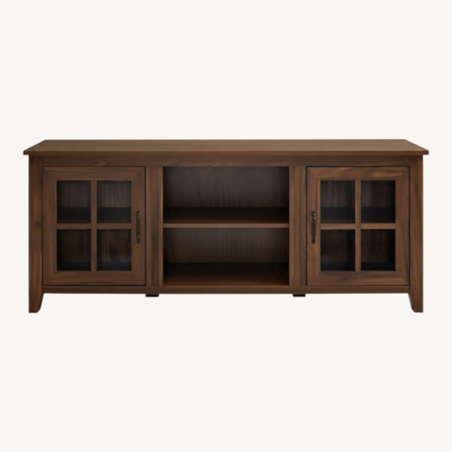 Used Farmhouse Dark Walnut Wood and Glass TV Stand for sale on AptDeco