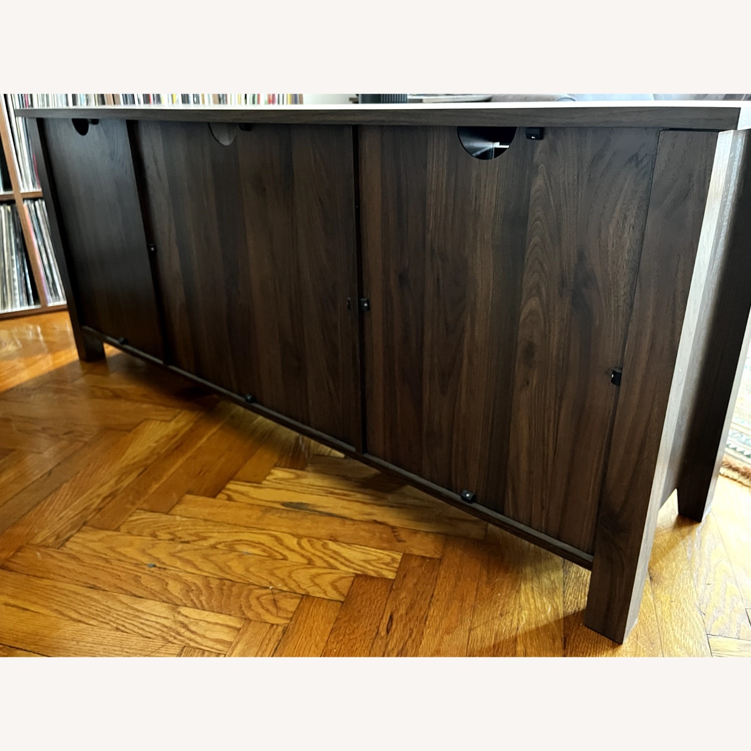 Farmhouse Dark Walnut Wood and Glass TV Stand - image-5
