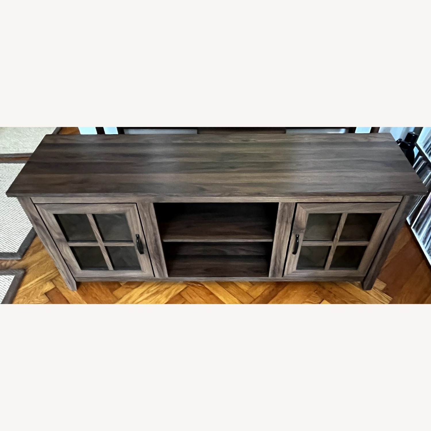 Farmhouse Dark Walnut Wood and Glass TV Stand - image-2
