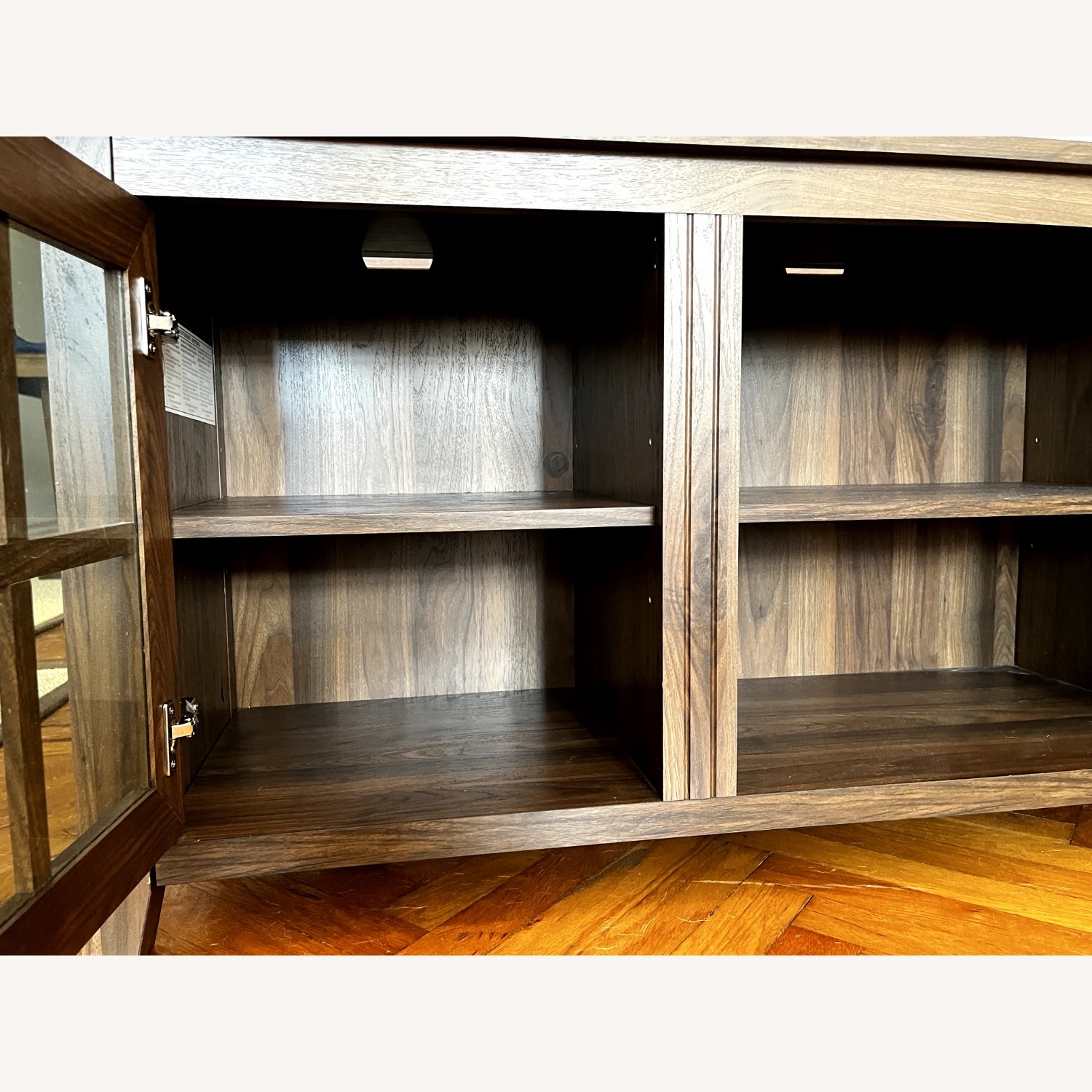 Farmhouse Dark Walnut Wood and Glass TV Stand - image-4