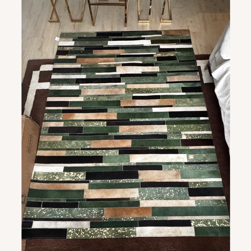 Used Green & Gold CowHide Patchwork Small Rug 5' x 8' for sale on AptDeco