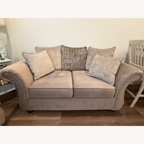 Used Raymour & Flanigan Light Gray Microsuede Loveseat for sale on AptDeco