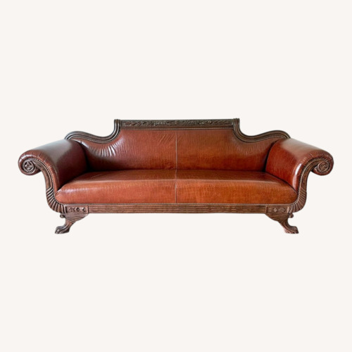 Used Italian Cognac Leather & Wood Sofa for sale on AptDeco