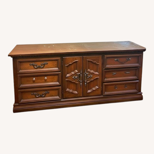 Used Vintage Dark Brown Wood Dresser With Mirrors for sale on AptDeco