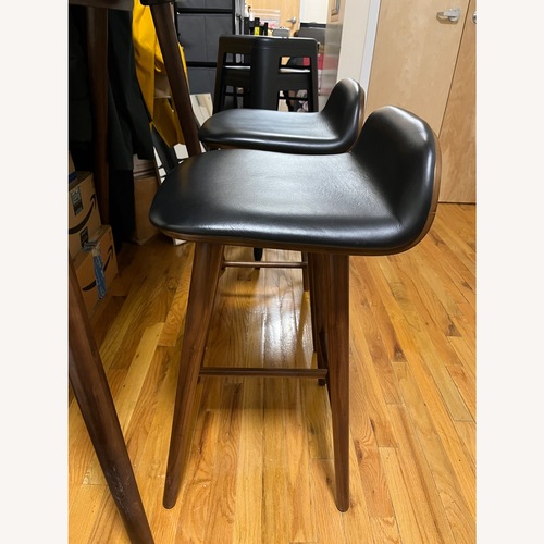 Used West Elm MCM Bar Dining Table with Leather Stools for sale on AptDeco