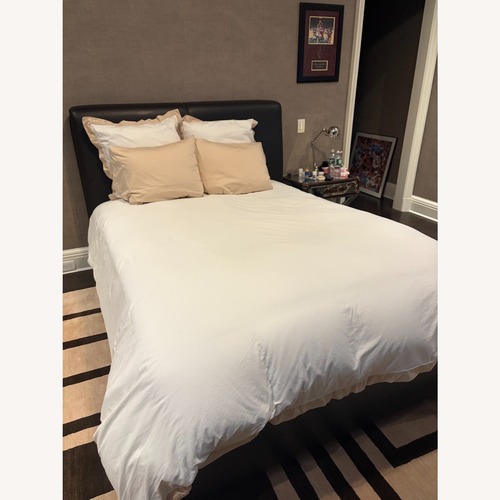 Used Queen Bed Frame W Leather Headboard & Wood Frame for sale on AptDeco