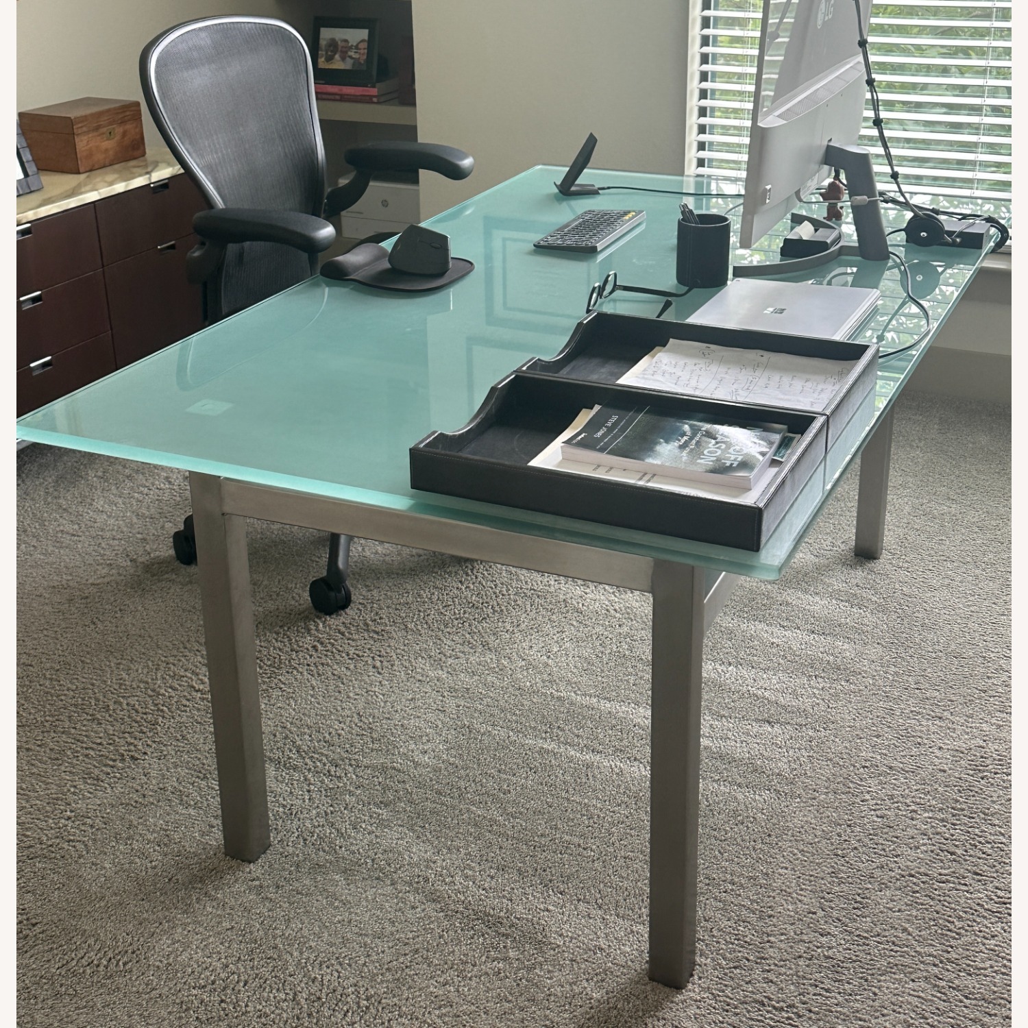 Desk Thick Glass Top & Brushed Metal Base - image-1