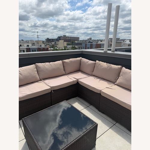 Used Wicker Sectional W Gray Cushions & Coffee Table for sale on AptDeco