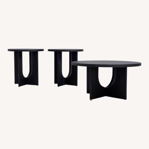 Used Bob's Discount Furniture Cascade Black Round Coffee & 2 End Table Set for sale on AptDeco