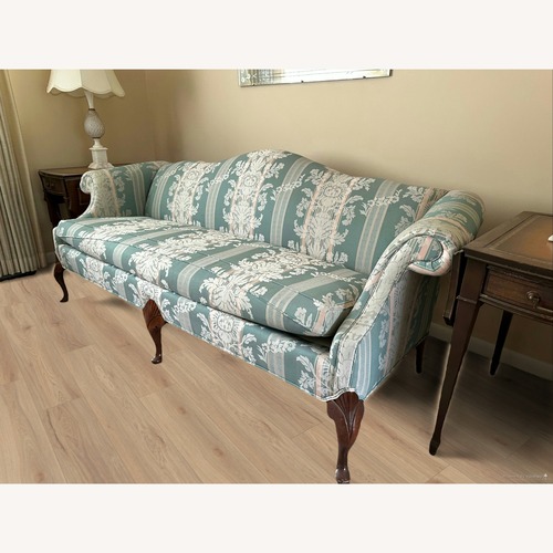Used Vintage Sage Green Damask Sofa for sale on AptDeco