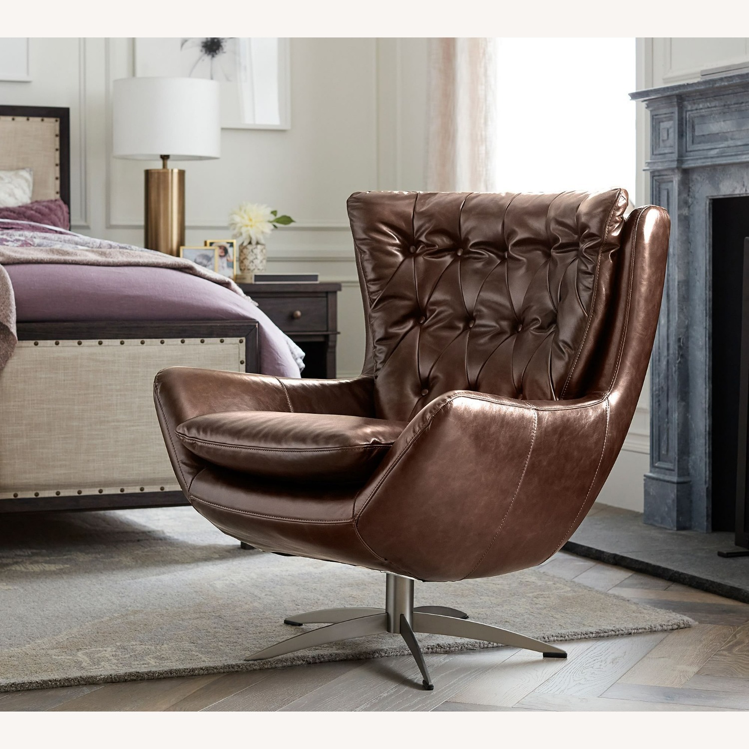 Pottery Barn Tufted Wells Leather Swivel Armchair - image-1