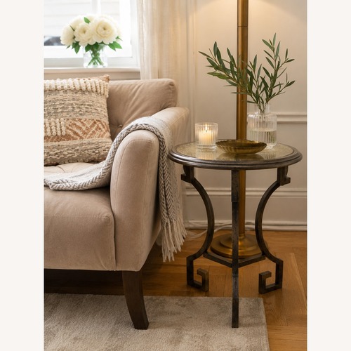 Used Pair of Antiqued Glass & Metal Side Tables for sale on AptDeco