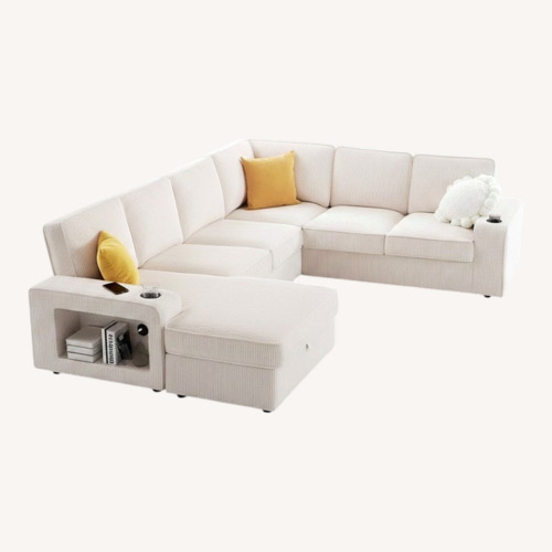 Used Amazon Cream Corduroy Sectional Sofa with USB Ports for sale on AptDeco