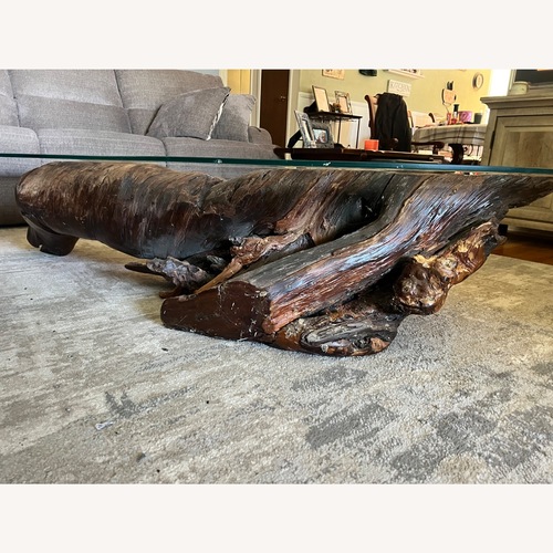 Used Burl Wood Coffee Table with 1/2 inch Glass Top for sale on AptDeco
