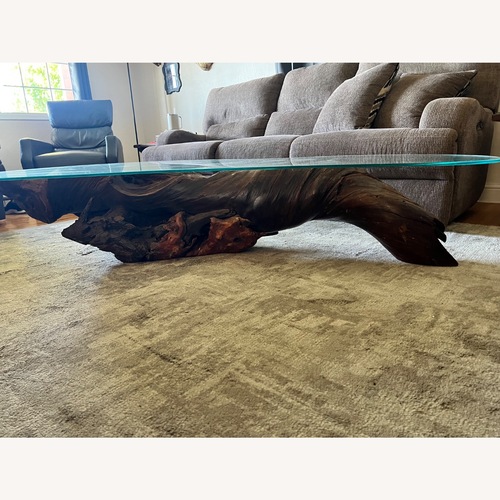Used Burl Wood Coffee Table with 1/2 inch Glass Top for sale on AptDeco