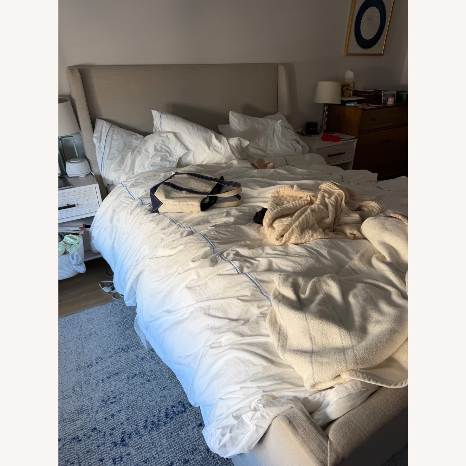 West Elm Grey Upholstered Sleigh Bed  - image-5