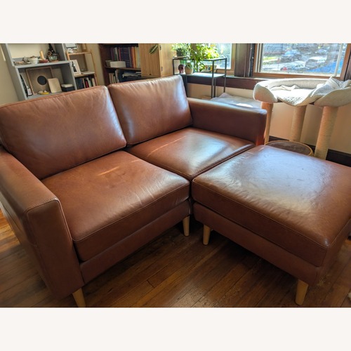 Used Burrow Nomad Light Brown Leather Loveseat with Ottoman for sale on AptDeco