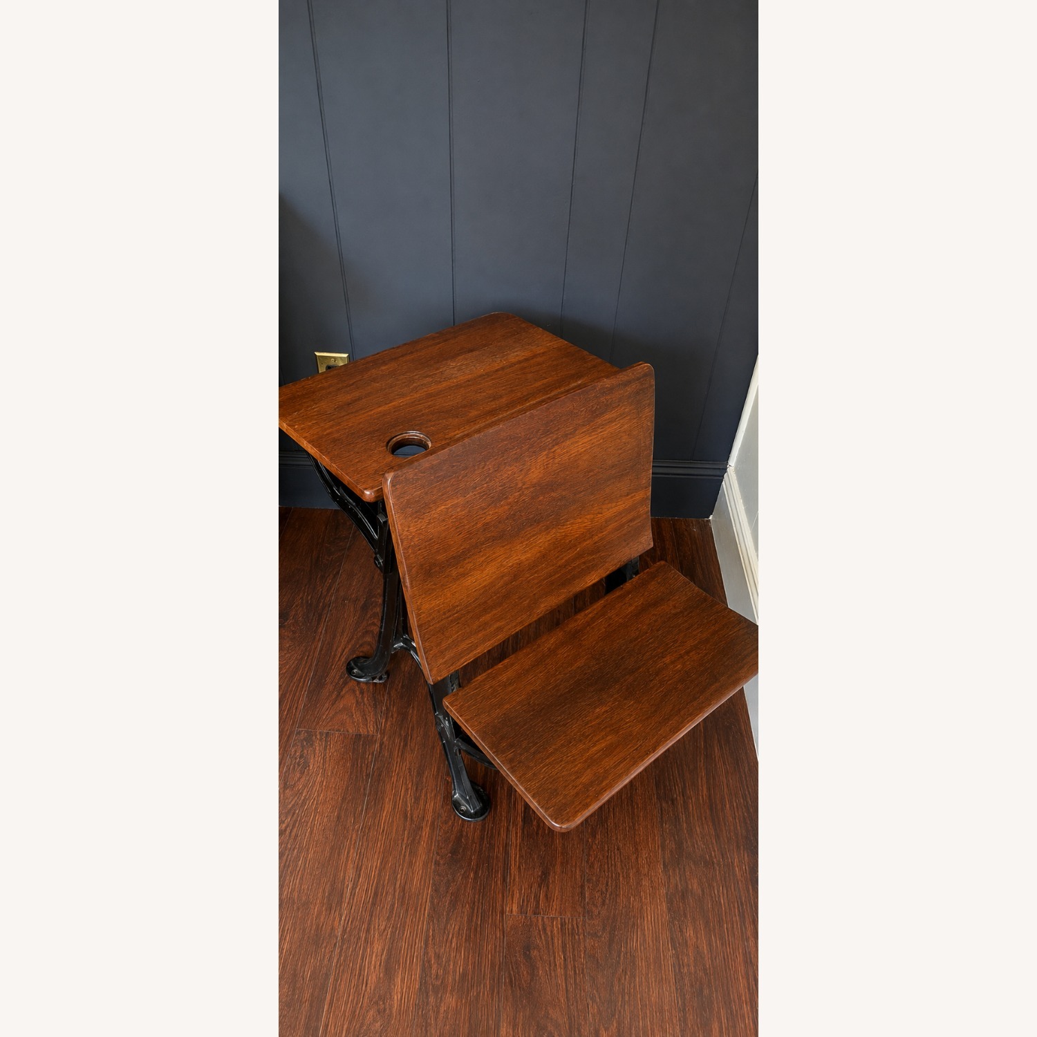 Vintage Cast Iron & Wood School Desk W Inkwell - image-2