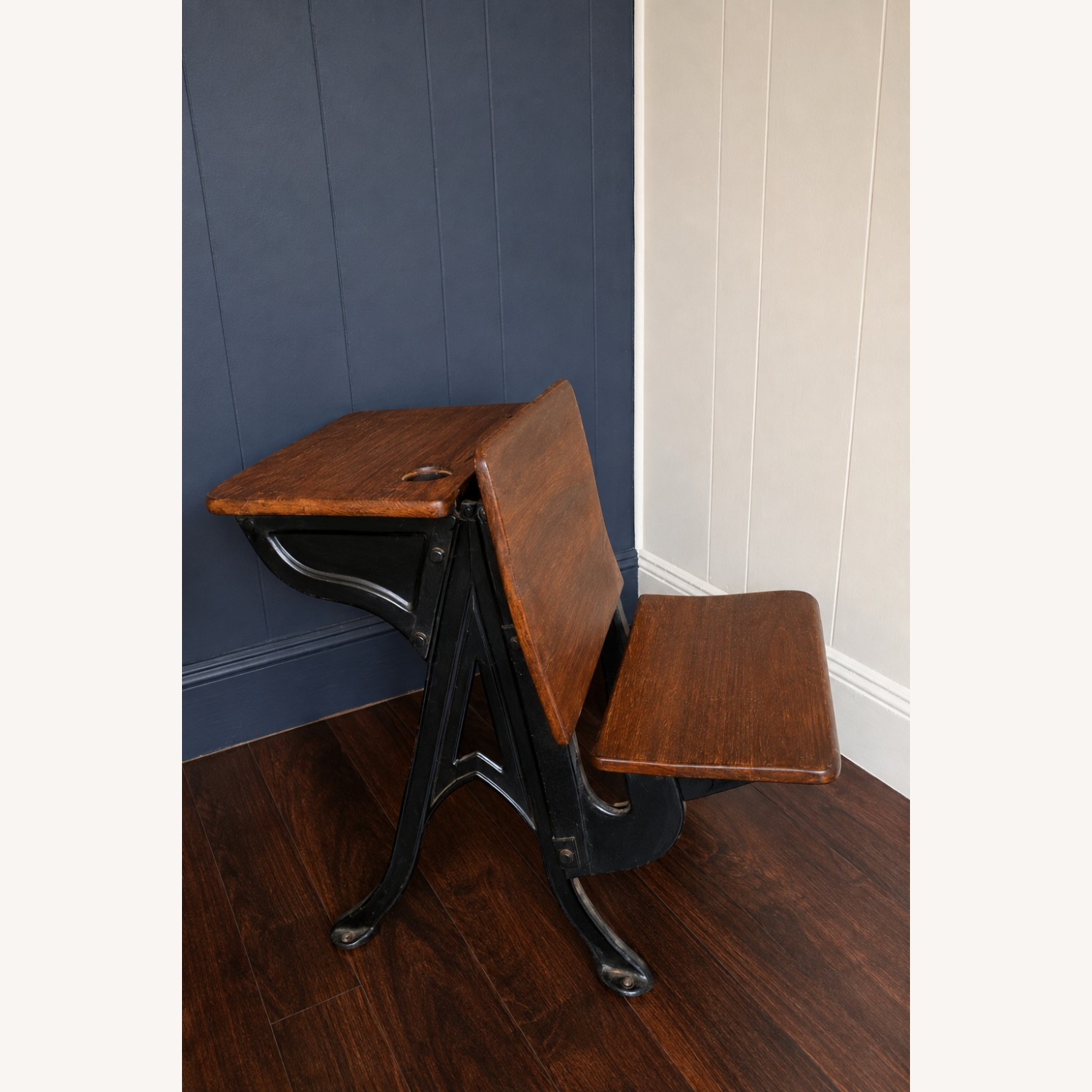 Vintage Cast Iron & Wood School Desk W Inkwell - image-3