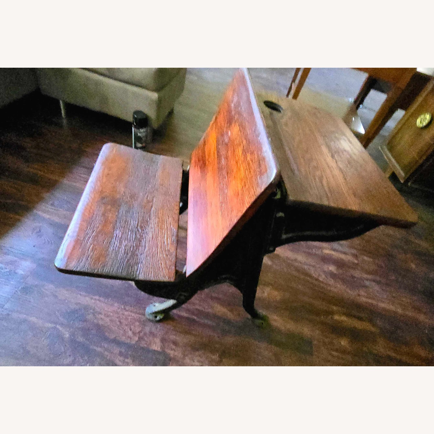 Vintage Cast Iron & Wood School Desk W Inkwell - image-4