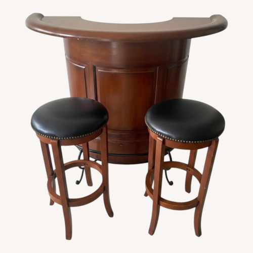 Used Mahagoni Bar With 2 Wood/ Leather Stools  for sale on AptDeco