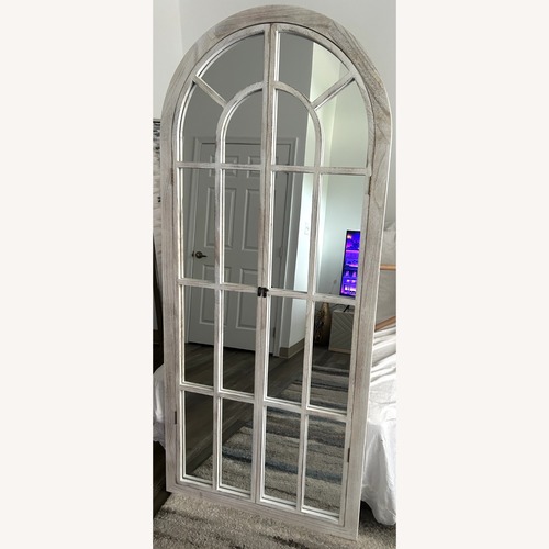 Used Home Depot Arched Solid Wood Weathered White Floor Mirror for sale on AptDeco